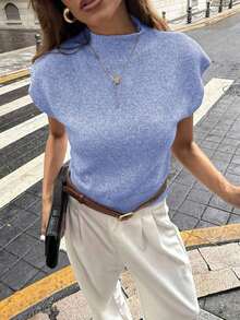 Elegante chaleco de punto sin mangas, de cuello alto, holgado y versátil, para otoño/invierno - Celeste - Ver 8