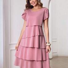 guangzhougaolangshangmao  Vestido de mujer de unicolor con cuello redondo, mangas cortas con volantes en los puños y dobladillo con volantes, vestido de moda para vacaciones, primavera y verano - Celeste - Ver 5