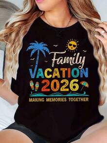 Camiseta de Mujer Oversize de Manga Corta con Estampado de Palmeras, Sol y Chanclas, para Vacaciones Familiares 2026, Creando Recuerdos Juntos, Cuello Redondo, Casual, Cómoda para Salidas a la Playa, 220g, 100% Algodón - Negro - Ver 6