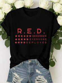 Oversized Short Sleeve T-Shirt - Friday We Wear Red Remember All Deployed Personnel, Red Friday T-Shirt, RE Commemoration T-Shirt, Fashionable Loose Top For Women, Comfortable For Everyday Wear, Suitable For Casual Activities, Breathable And Slightly Stretchy, Machine Washable, 100% Cotton - 黑色 - 查看 4