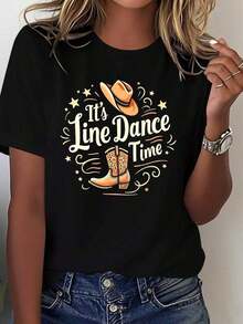 Cowboy Boots IT S Line Dance Time Women's Pure Comfort T-Shirt - Unisex Vintage Urban Style, Short Sleeve Round Neck Cotton T-Shirt, Summer Style, Cool Summer Clothes For Women - 黑色 - 查看 1