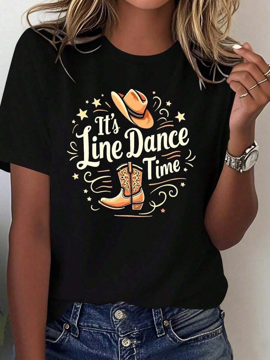 Cowboy Boots IT S Line Dance Time Women's Pure Comfort T-Shirt - Unisex Vintage Urban Style, Short Sleeve Round Neck Cotton T-Shirt, Summer Style, Cool Summer Clothes For Women - 黑色 - 查看 1