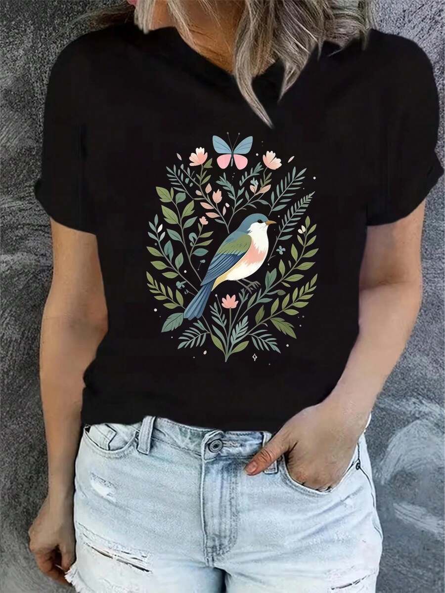 Mexican Art Printed Short Sleeve T-Shirts For Women, Summer, Modern And Casual, Machine Washable, Comfortable Fit, 2D Flat Print, Cotton T-Shirt For Coordinated Family - 黑色2 - 查看 1