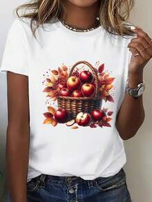 Camiseta casual blanca de talla para mujer, estampada con motivos de la cosecha otoñal (manzanas, cuadros y hojas caídas) - Camiseta de manga corta y cuello redondo de corte holgado para primavera y verano, con tela transpirable adecuada para uso diario, picnics y atuendos de Acción de Gracias - Camiseta unisex de algodón de manga corta y cuello redondo de estilo vintage urbano. - Blanco - Ver 2
