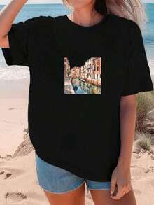 blusas Mujer Camiseta Blanca con Estampado de Venecia Italia Diseño de Canal y Arquitectura Clásica para Viajeros Amantes de la Cultura Italiana Talla Regular para Uso Diario y VacacionesSuitable for spring, summer and autumn - Negro - Ver 7