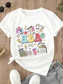 Camiseta de Profesor de Terapia Aba con Íconos Educativos Coloridos y Palabras de Apoyo e Inclusión - Estilo Urbano Vintage Unisex, Camiseta de Manga Corta de Algodón 100% con Cuello Redondo - Blanco - Ver 4
