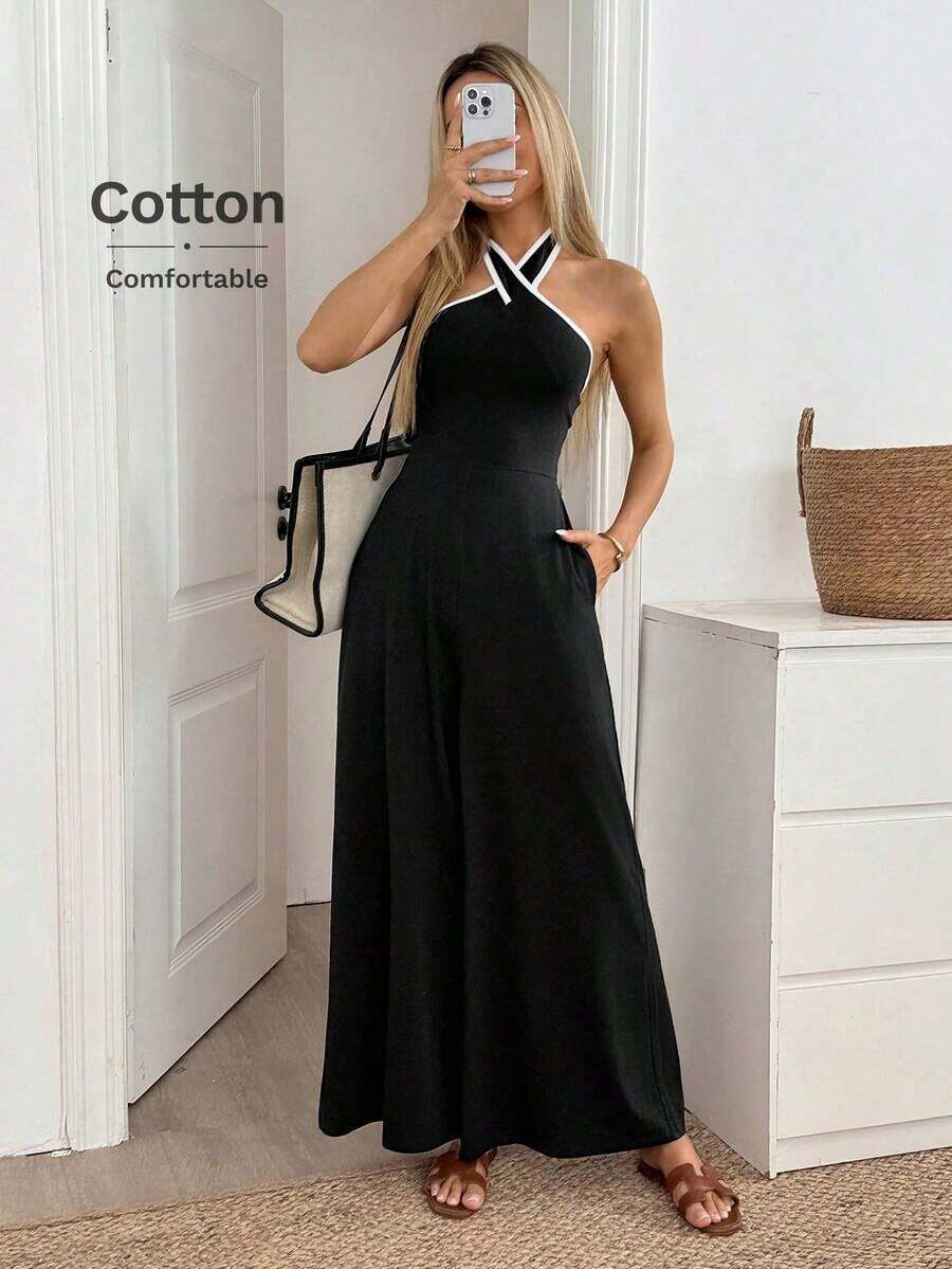 Mono de pierna ancha con contraste en el escote y la cintura, de tela de algodón cómoda, uso casual, relajado y elegante para la oficina/vacaciones para mujeres, primavera/verano - Negro - Ver 1