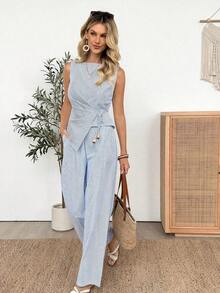 Conjunto de 2 piezas con blusa de cuello en V con lazo en la cintura y volantes en el bajo asimétrico, y pantalones de pierna ancha con cintura elástica, estilo casual, relajado, elegante y vintage para mujer en primavera/verano - Multicolor - Ver 3