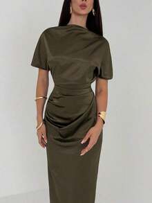 Vestido largo elegante de unicolor con cintura fruncida y plisado, adecuado para fiestas y salidas - Rojo - Ver 6
