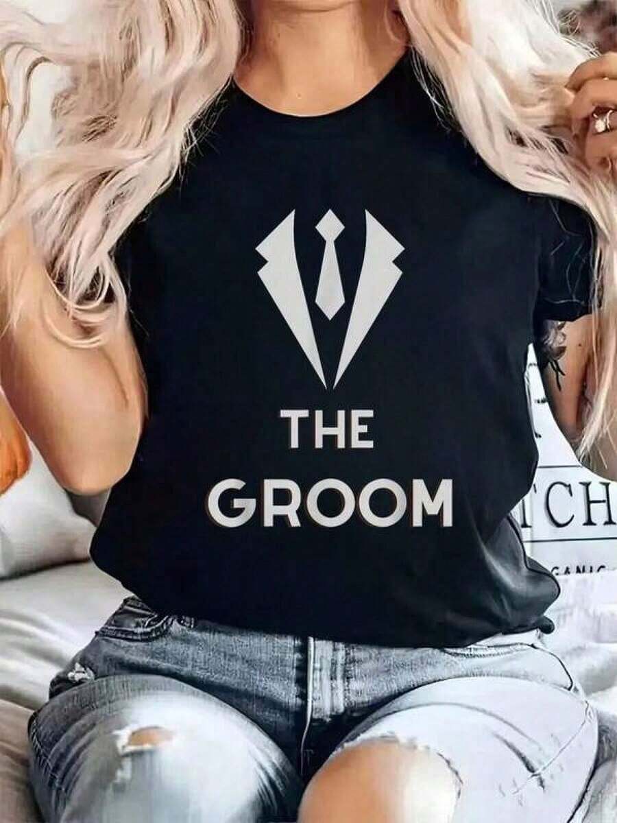 % Algodón, Camiseta con Estampado Groom Squat para Despedida de Soltero, Boda, Cuello Redondo, para Verano, Top Suave de Manga Corta para Mujer, Camiseta Elegante y Cómoda para Mujer, Camisetas con Estampados - Negro - Ver 1