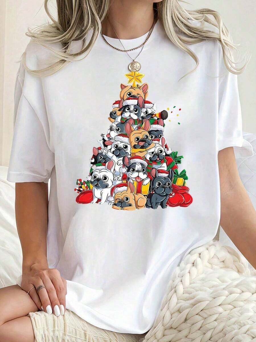 Diseño creativo y divertido de árbol de Navidad con perros, estilosos patrones en Y, camiseta de manga corta para mujer, deportiva, cómoda y casual, perfecta para las vacaciones de verano. Camiseta casual de talla estándar para mujer, transpirable, ligera, de manga corta, playeras de mujer. - Blanco - Ver 1