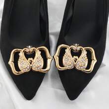 1 par de Clipes de Sapato em Formato de Cisne Coração para Sandálias - 7,3cm Enfeite de Cisne Duplo de Bambu Dourado com Strass, Decoração de Cristal Aurora ABS Brilhante para Sandálias, Saltos e Sapatilhas de Verão, Acessórios de Sapato para Casamento, Festa e Noiva para Mulheres - Dourado - Visão 1