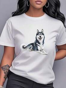 Camiseta de algodón puro para mujer, camiseta de algodón puro para mujer, camiseta con estampado de perro husky feliz, ropa de mujer de manga corta y cuello redondo, moderna, a la moda, versátil, casual y cómoda, adecuada para el uso diario en casa, salidas, viajes y vacaciones. |   Diseño exquisito |   Suelto y cómodo |   Fácil de combinar | - Blanco - Ver 8