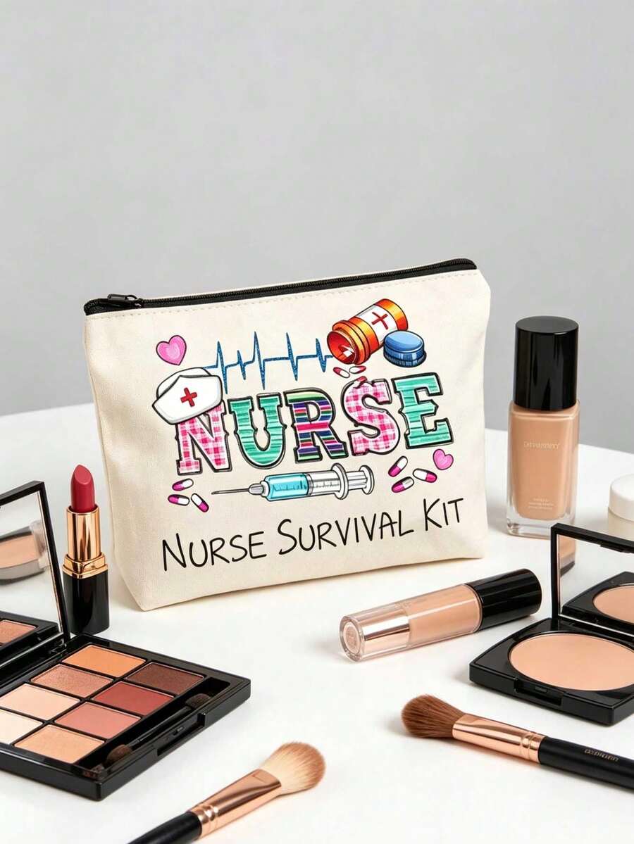 1pc,Nurse Survival Kit Cosmetic Bag - Colorful Plaid NURSE Letter Print Makeup Pouch With ECG Heartbeat, Syringe, Pill Bottle & Nurse Hat Pattern, Portable Canvas Travel Toiletry Bag, A Makeup Bag Designed For Nurses, A Fun Gift For Women, Nursing Students, And Practitioners, Perfect For Nurse Appreciation Week, A Travel Bag For Cosmetics, A Portable Storage Solution For Toiletries, And A Bag For Beauty And Skincare Products - Multicolor - View 1