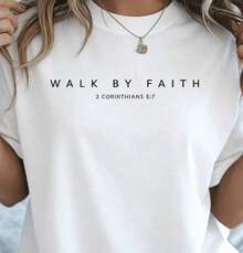 1 pieza Camiseta de Verano 2026 100% Algodón con Diseño Frontal y Trasero de "Walk By Faith" (Versículo Bíblico Cristiano) para Mujer, Holgada y Cómoda, 180g Algodón 100% - Blanco - Ver 9