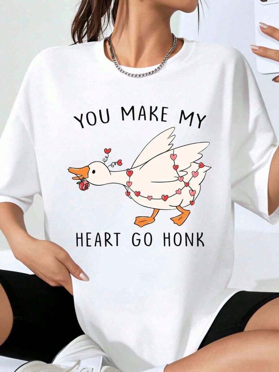 You Make My Heart Go Honk Duck Love Camiseta Gráfica para Mujer, Top con Estampado de Animal Bonito para el Día de San Valentín, Talla Grande, Ropa Casual, Playera Holgada para Mujer - Blanco - Ver 1