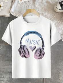 1 camiseta musical suave para niñas, estampada con patrones de auriculares y notas musicales - top casual de verano en rosa y blanco, ropa linda con temática musical, adecuada para clases de baile, conciertos y uso casual (varios tamaños) 100% algodón 180g - Negro - Ver 7