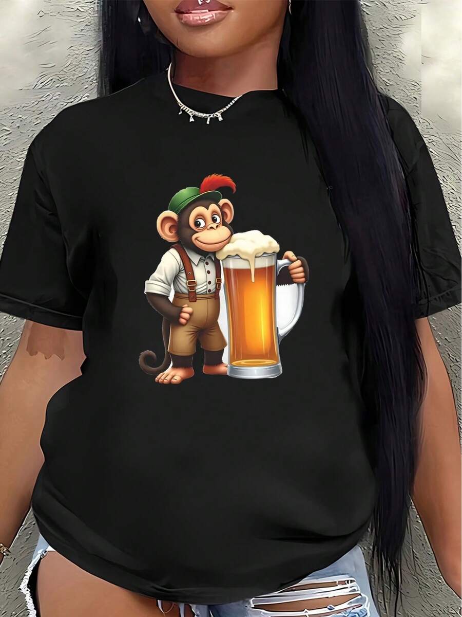 Camiseta de manga corta, estampada con un divertido mono sosteniendo un vaso de cerveza, adecuada para uso casual en casa o en restaurantes, ligera y resistente, cómoda y ajustada para el uso diario. - Negro - Ver 1
