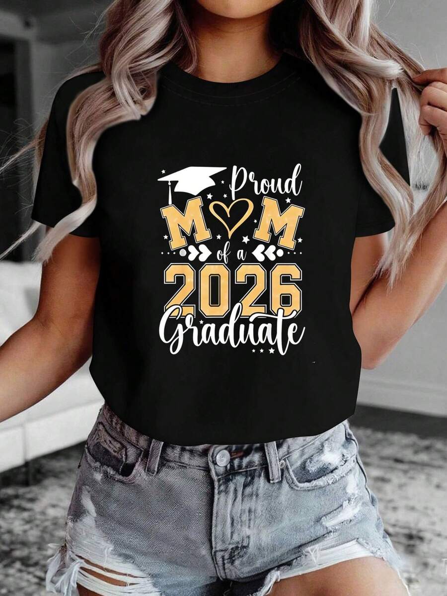 [Verano] Camiseta de Mujer con Estampado de Letras "Mamá Orgullosa de un Graduado de 2026", Manga Corta, Cuello Redondo, Top Casual para Primavera, Ropa de Mujer - Negro - Ver 1