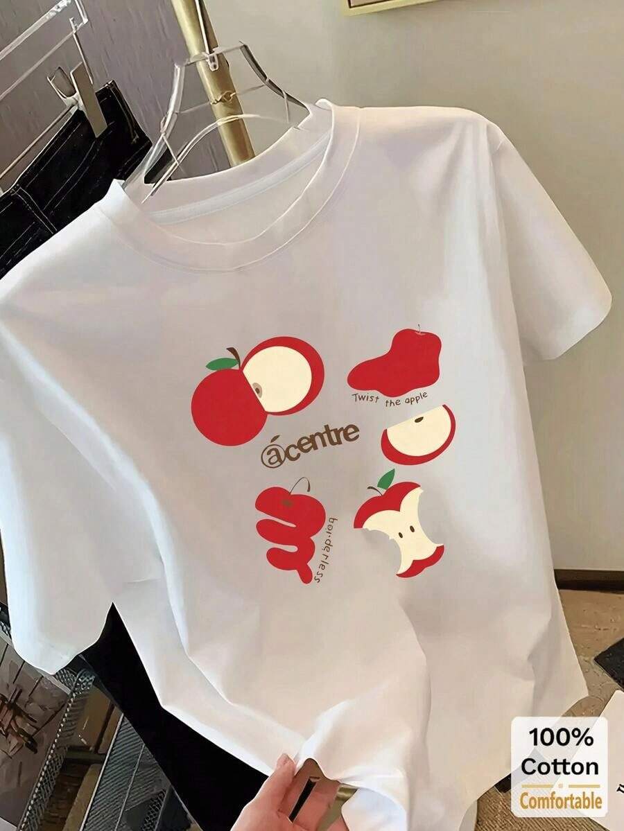 Camiseta de manga corta con estampado divertido y moderno, top casual elegante para mujer, blanca, estilo retro de verano, camiseta unisex de algodón suelto con cuello redondo y manga corta. - Blanco - Ver 1