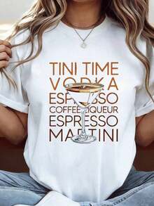 1 pieza Camiseta Gráfica para Mujer Tini Time Vodka Espresso Martini 100% Negra, Corte Relajado, Manga Corta, Cuello Redondo, con Letras Coloridas de Cóctel y Diseño de Martini, Camiseta Casual Transpirable de Verano, 180g Algodón 100%. - Negro 3 - Ver 9