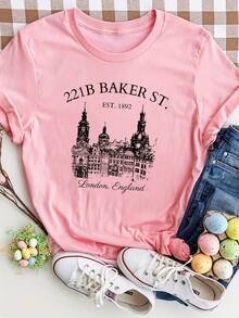 Camiseta Gráfica de Mujer "London" - Estampado "221B Baker St. London, England", Manga Corta, Cuello Redondo, Top Casual de Verano, Blanca con Letras Negras, Camiseta para Dama - Negro - Ver 1