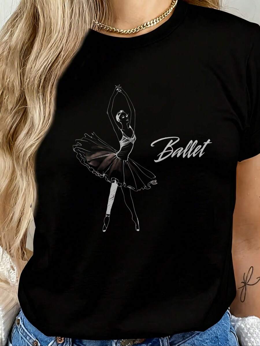 Camiseta de mujer, camiseta 100% para bailarina de ballet - Camiseta de manga corta de corte holgado con diseño gráfico y texto de ballet, adecuada para clases de baile, práctica y uso diario casual, lavable a máquina. - Negro - Ver 1
