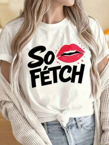 Women's And Men's Crew Neck Short Sleeve T-Shirts. Women's T-Shirt With "So Fetch" Lip Print.  Graphic Tee. Casual Wear. Fun Prints Ideal For Christmas Parties, Sports Activities, New Year's Eve Parties, Outings, Sports, And Other Festive Gifts. - 白色 - 查看 4