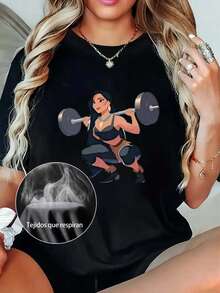Mujer002ZD | 1 pieza Blusas para mujer, hermosas blusas para mujer, ropa de mujer, conjuntos de mujer, camiseta de fitness Pocahontas de 180 g, blanca y negra, con estampado de levantamiento de pesas de alta calidad, cuello redondo - Negro - Ver 1