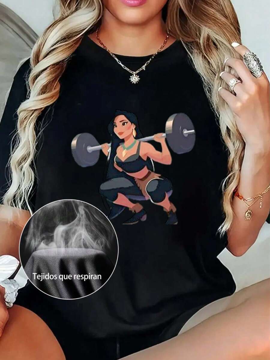 Mujer002ZD | 1 pieza Blusas para mujer, hermosas blusas para mujer, ropa de mujer, conjuntos de mujer, camiseta de fitness Pocahontas de 180 g, blanca y negra, con estampado de levantamiento de pesas de alta calidad, cuello redondo - Negro - Ver 1