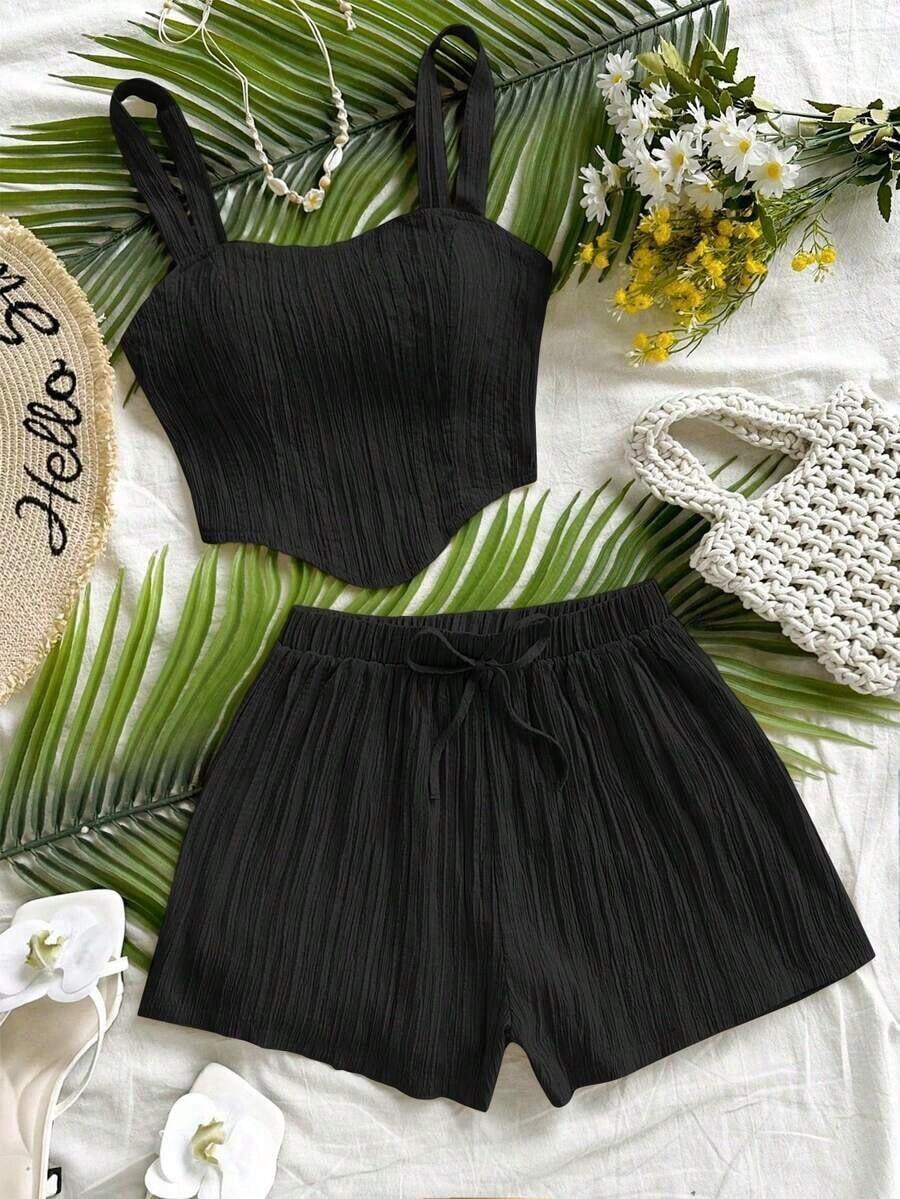 Conjunto de 2 piezas de mujer con camiseta sin espalda de unicolor y dobladillo asimétrico, y shorts sueltos con cordón, casual adecuado para salidas de verano y la playa - Negro - Ver 1