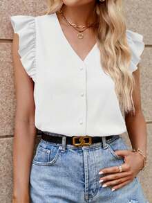 Camisa de mujer con cuello en V a rayas y mangas con volantes, camisas de verano para mujeres - Blanco - Ver 3