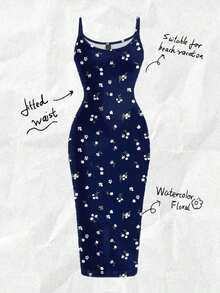 Vestido maxi de corte slim con camiseta de estampado total de diseño minimalista y casual, adecuado para el verano, con pequeño estampado floral - Multicolor 3 - Ver 7
