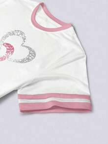 Camiseta de mujer 100% algodón con estampado gráfico de corazón y amor, cuello redondo, contraste de color blanco y negro, bloques de color y rayas - Multicolor 16 - Ver 4