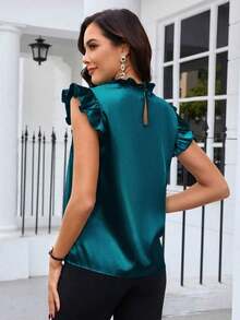 Blusa de satén de unicolor con mangas de tapa para uso diario, blusas sin mangas - Agua verde azul - Ver 2