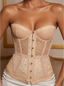 Women's Nude Beige Vintage Floral Lace Bustier Corset Crop Top, Strapless Hook & Eye Front Boned Camisole Top, Elegant Push Up Going Out Party Club Vacation Date Night Summer Outfit - 膚色 - 查看 3