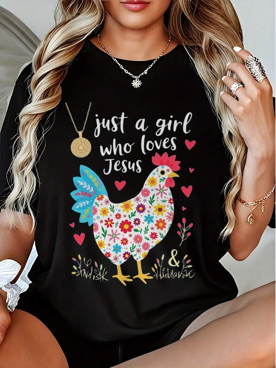 Camiseta gráfica para mujer Under The Radar con diseño de Faith & Chickens y un diseño floral vintage de gallinas, cuello redondo y mangas cortas. Un Regalo Enc - Negro - Ver 1