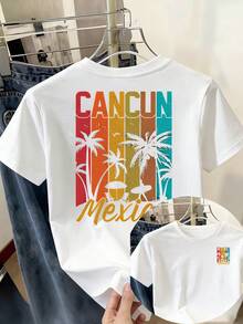 Women's Vintage Vertical Striped T-Shirt, Cancun Mexico, Short Sleeve, Round Neck, Casual Top, Comfortable Fabric, Double Print On Chest And Back, 100% Cotton. - 白色 - 查看 7