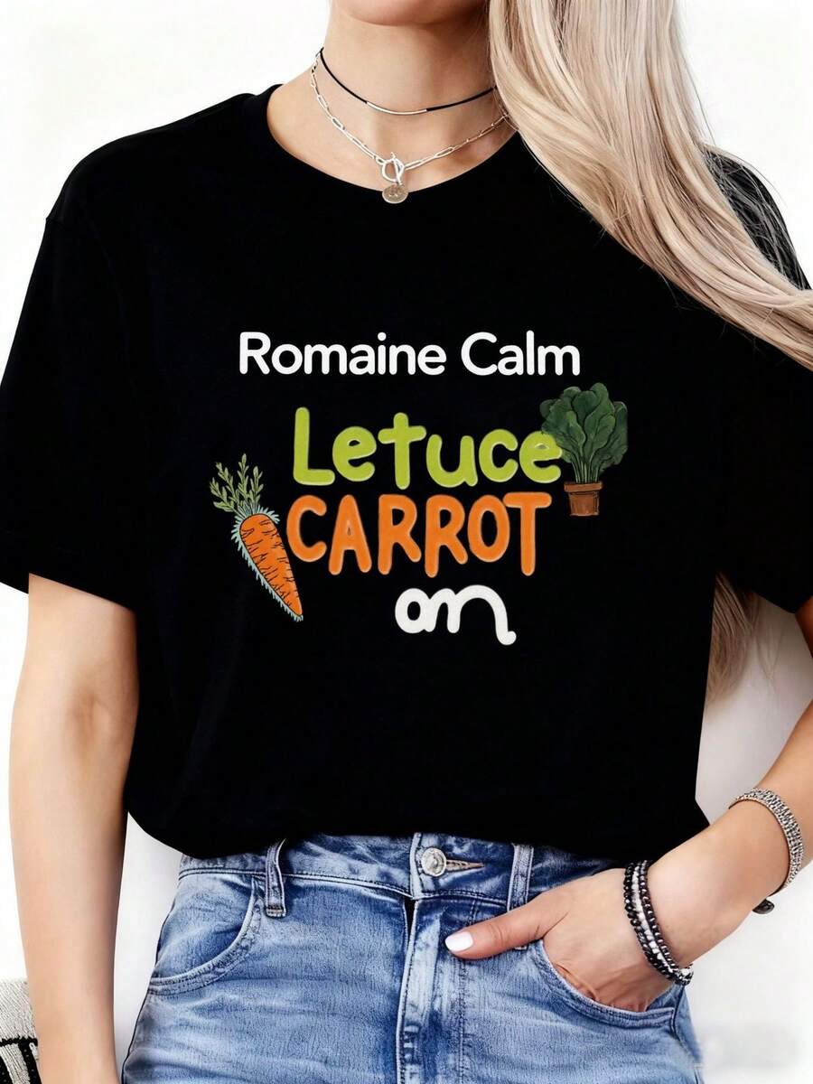 Camiseta Romántica Y2K con Temática de Lechuga para Mujer - Camiseta ligera de manga corta en color negro, decorada con patrones de zanahorias y vegetales de hoja, adecuada para primavera y verano, para Pascua, se puede combinar con collares de varias capas y jeans - Camiseta casual de cuello redondo en forma de H - Camiseta unisex de algodón holgada de manga corta y cuello redondo estilo vintage urbano. - Negro - Ver 1