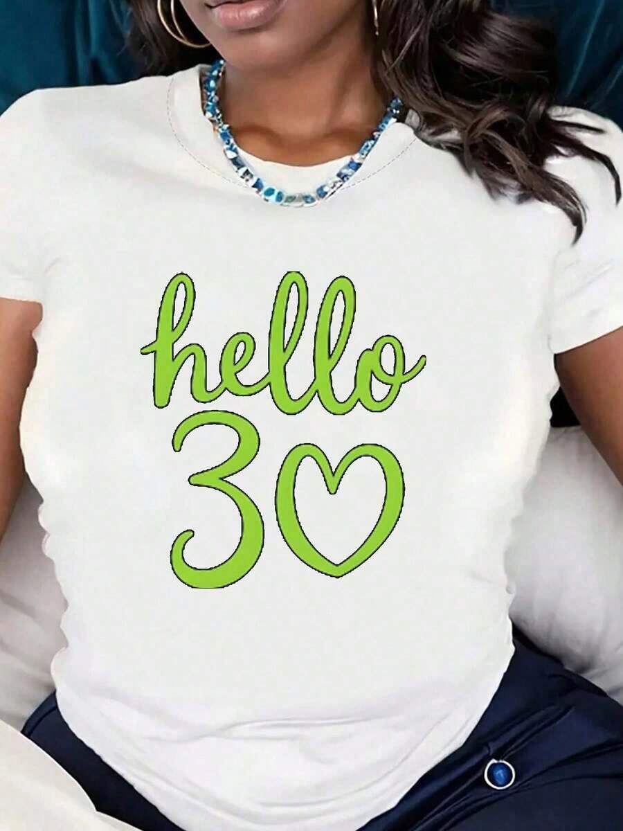 Camiseta Casual de Manga Corta para Mujer con Estampado de Corazones "Hello 30", Top para Celebración de Cumpleaños, Tela Cómoda, Perfecta como Regalo, Moda - Blanco - Ver 1