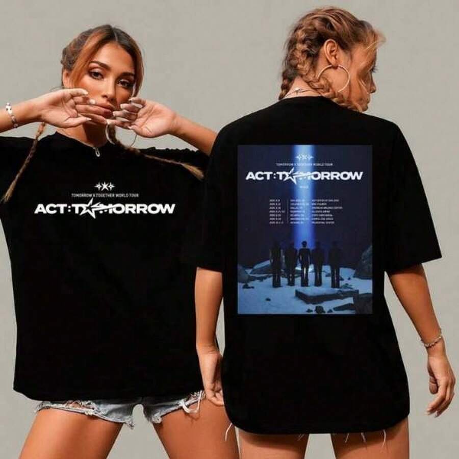 Camiseta Gráfica de Doble Cara TXT World Tour 2025, Camiseta de Algodón Unisex para Concierto de Tomorrow X Together - Negro - Ver 1