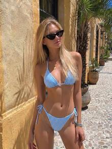 Bộ bikini nữ mùa hè mới, kẻ caro xanh, kiểu buộc dây cổ, gợi cảm, thường ngày. - Nhiều màu - Xem 1