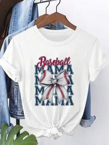 Women's Short-Sleeved T-Shirt With A Custom Baseball Print Featuring "MAMA" And A Baseball Bow. It Has A Round Neck, Is Machine Washable, Soft, Breathable, And Skin-Friendly. Ideal For Spring, Summer, And Fall. Its Vibrant, Unique, Casual, And  Style Is Easy To Match. Available In Sizes S-XXL. Suitable For Shopping, Family Events, And More. - 白色 - 查看 1