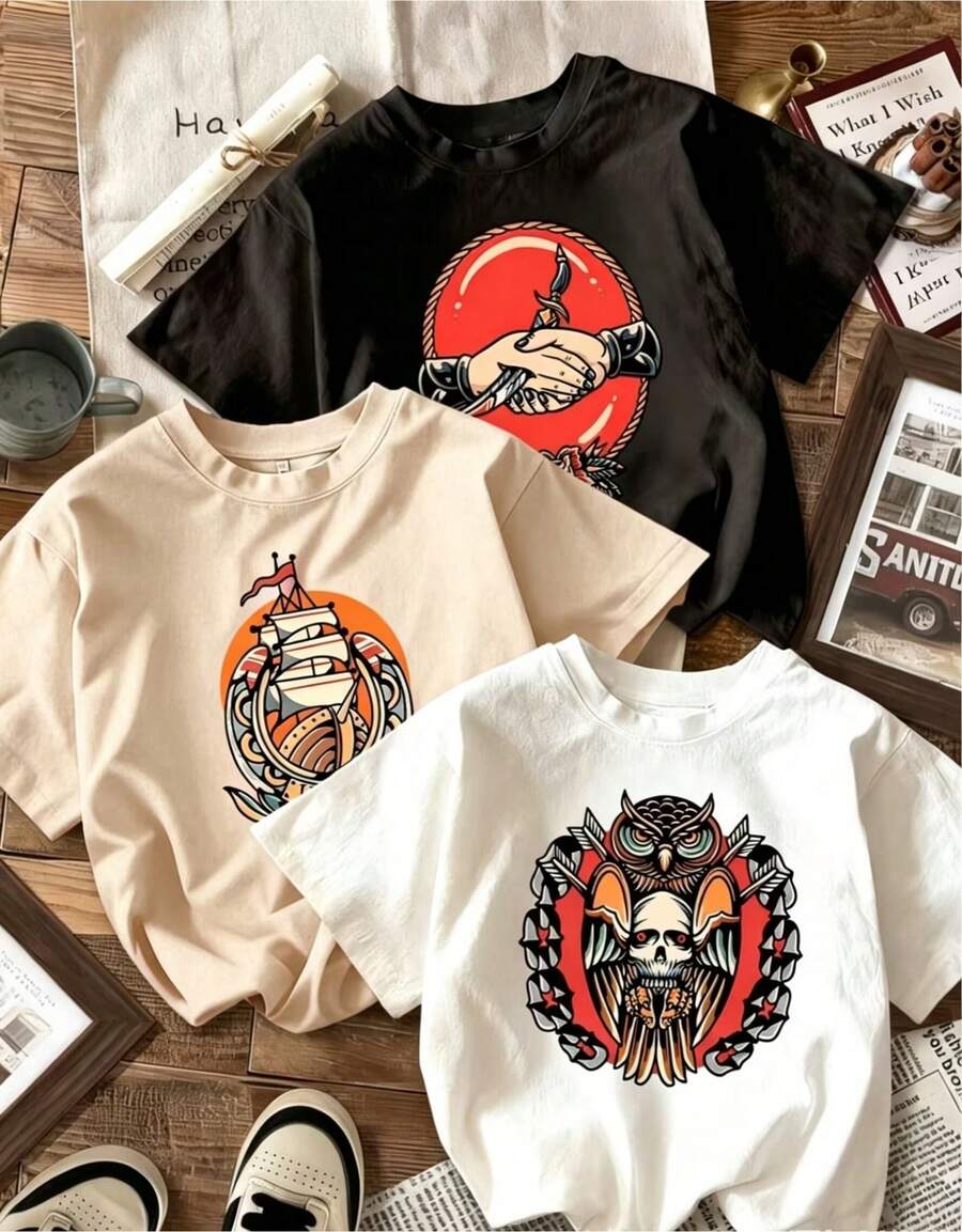 Camiseta de mujer a 2026, conjunto de 3 pieza con estampado de velero y ancla de dibujos animados, camiseta de mujer, ropa casual y cómoda, camiseta de moda de corte holgado, camiseta de mujer multicolor. - Blanco - Ver 1