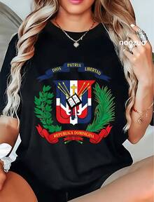 100% Cotton Dominican Republic Flag National Emblem Dominican Republic T-Shirt Women's T-Shirts - 黑色 7 - 查看 7
