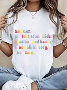 Camiseta de Moda para Mujer con Estampado de Arcoíris: Dile "Sé Gay", Protege a los Niños Trans,  Libros Baneados, Enseña Toda la Historia, Muestra Amor. Top Casual para Uso Diario y Eventos de Activismo.blusa casual mujer - Blanco - Ver 1