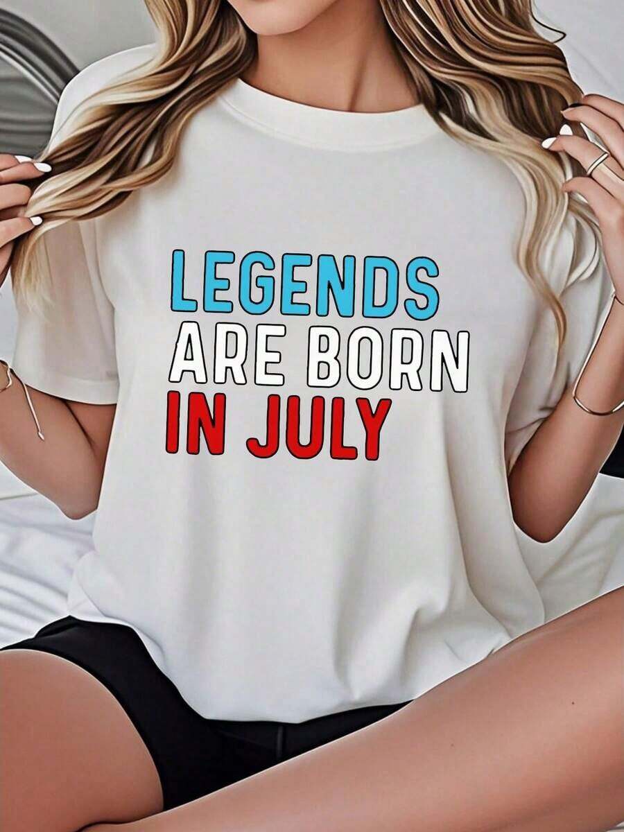 Camiseta de Mujer Casual de Corte Holgado, Opciones en Blanco y Negro, Estampado 'Las Leyendas Nacen en Julio', Camisetas de Uso Diario de Verano, Tops de Verano, Camisetas Gráficas, Conjuntos de Verano, Camisetas Gráficas de Mujer, Tops Cortos de Mujer, Tops de Mujer, Ropa Vintage de Algodón, Ropa Linda para Mujer, Playera Holgada para Mujer - Blanco - Ver 1