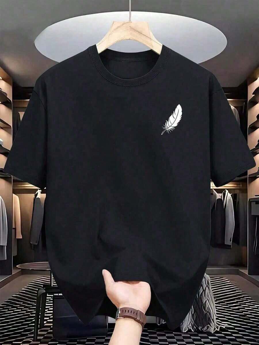 Elegante y nueva camiseta minimalista de alta calidad, casual, de manga corta, con estampado de plumas blancas, cuello redondo, mangas cortas, transpirable y duradera. Adecuado para uso diario, viajes y uso en el hogar. Ofrece comodidad, lavable a máquina, apto para todas las estaciones, pieza versátil, diseño minimalista, estilo clásico, tela de primera calidad, ajuste cómodo, ropa para adultos y moda urbana. Camiseta unisex de algodón suelta de manga corta y cuello redondo, estilo retro urbano y ecológico. - Negro - Ver 1