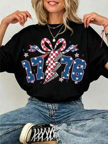 Camiseta de Mujer 100% Algodón con Estampado Gráfico Patriótico 1776, Diseño Estético Y2K a Cuadros con Rayos, Top Casual Suave de Manga Corta, Atuendo Perfecto para el 4 de Julio, Ropa de Verano Urbana, Regalo Único, Ropa Fresca de Verano para Mujer - Negro - Ver 6