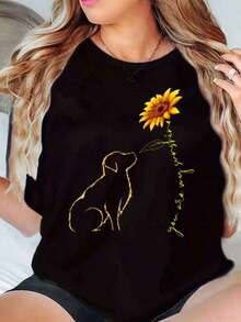 Camiseta de Mujer Under The Radar con Cuello Redondo y Estampado de Perro y Girasol, Camiseta Gráfica 'You're My Sunshine', Top Casual de Verano 220g - Estilo Urbano Vintage, Unisex, de Algodón, Manga Corta, Cuello Redondo - Negro - Ver 6